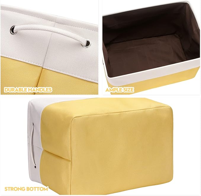 Sea Team 3-Pack Extra Large Storage Basket Set, Trunk Organizer, Clothes Toys Bin, 22 x 15 x 13 Inches, Rectangular Canvas Fabric Collapsible Shelf Box with Handles for Kids Room (Yellow/White)