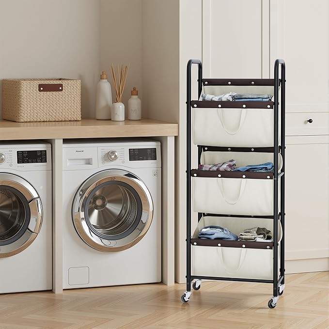 GRANNY SAYS 3 Tie Laundry Sorter, Laundry Basket with Wheels, Laundry Room Organization and Storage, 3 Section Rolling Laundry Cart for Dorm, Bathroom, Bedroom, Closet, Beige