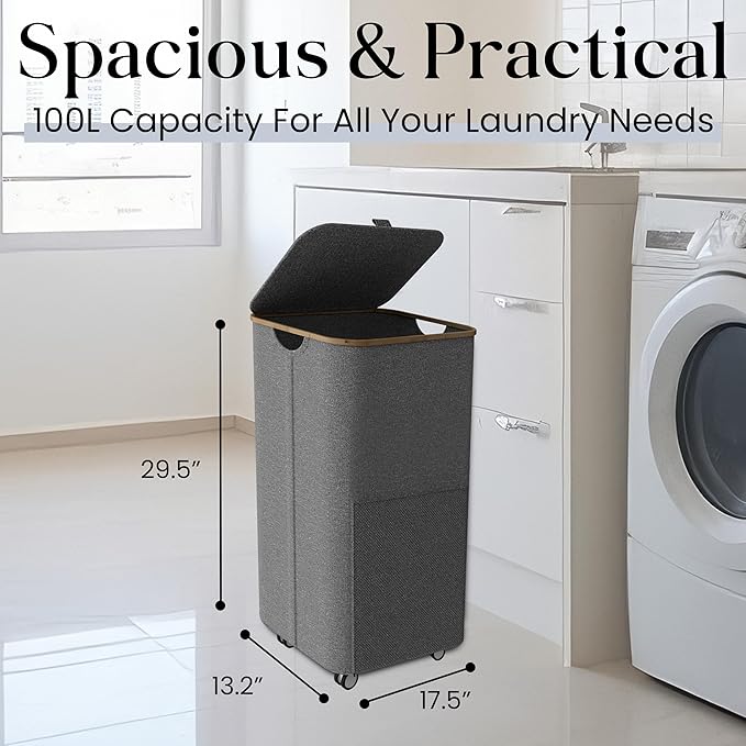 Laundry Basket with Wheels and Handle - 100L Bamboo-Fabric Laundry Hamper with Lid, Front Mesh Pocket, Travel Bag, Sturdy Wheels, Gray