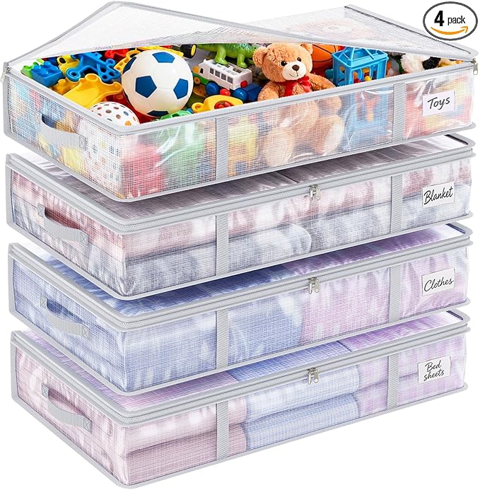 Fixwal 4pcs 90L Under Bed Storage Containers Bins Clear Closet Underbed Organizers and Storage for Blanket, Clothing, Sweaters, Pillows, Linen Sheets with Sturdy Handle and Zippers