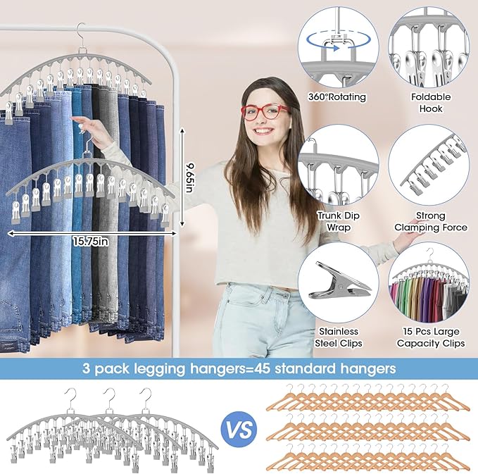 3 Pack Legging Organizer for Closet Hanging, Pants Hangers with Clips Holds 45 Leggings, Shorts, Skirts, Jeans, Hats, Pants Hangers Space Saving Clothes Racks Closet Organizers and Storage, Grey