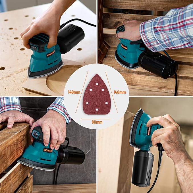 DOVAMAN DLS03A Detail Sander, 130W Palm Sander Tool, Dust Collection System, 12PCS Sandpaper, 12000RPM Compact Hand Tool for Wood Steel Surfaces