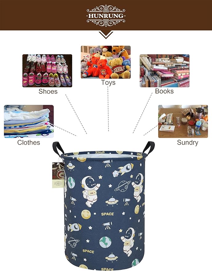 HUNRUNG Laundry Hamper,Large Canvas Fabric Lightweight Storage Basket Toy Organizer Dirty Clothes Collapsible Waterproof for College Dorms（Round-Blue Space Astronaut）