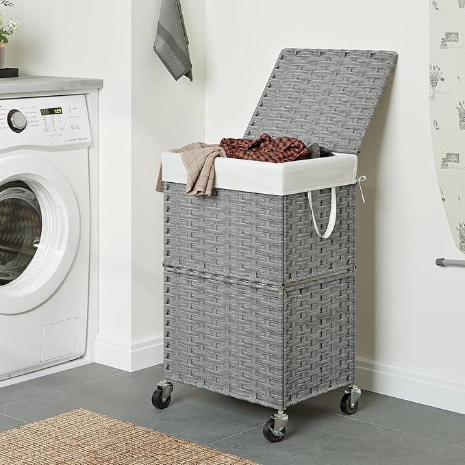 Chrislley 90L Slim Laundry Hamper with Wheels, Rolling Laundry Basket with Lid and Renovable Liner Bag, Handwoven Rattan Organizer for bedroom, bathroom, laundry room (Grey)