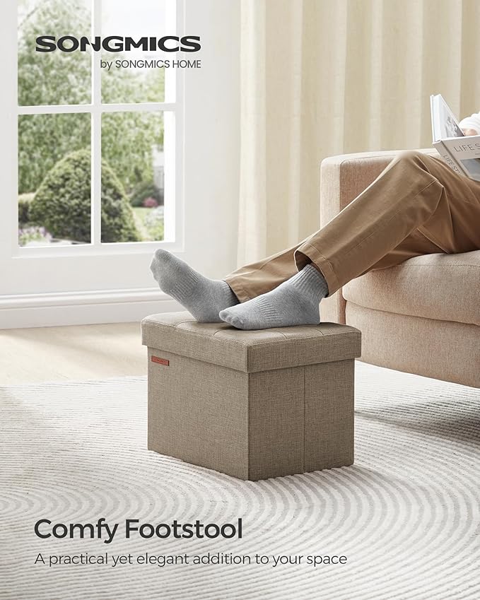 SONGMICS MAZIE Collection - Small Folding Storage Ottoman, Foot Rest Stool, 12.2 x 16.1 x 12.2 Inches, 286 lb Load Capacity, for Living Room, Bedroom, Home Office, Dorm, Light Taupe ULSF102K01
