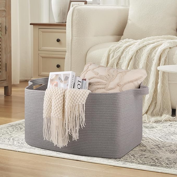 Extra Large Blanket Basket, 24" x 16.9" x 14.2" Woven Storage Basket for Living Room, Rectangle Nursery Blanket Storage for Toys, Towels, Dirty Clothes (Light Grey)