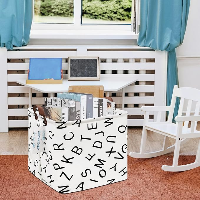 LANGYASHAN Square Storage Baskets Waterproof Canvas Children Laundry Nursery Hamper for Shelves Gift Baskets Toy Organizer Room Decor (Square alphabet)