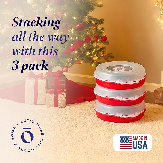 HOMZ 3-Pack 24 Inch Seasonal Holiday Clear Plastic Wreath Storage Containers, Red – Stackable Decoration Organizer Bins with Lids and Handles for Christmas Wreaths and Garlands