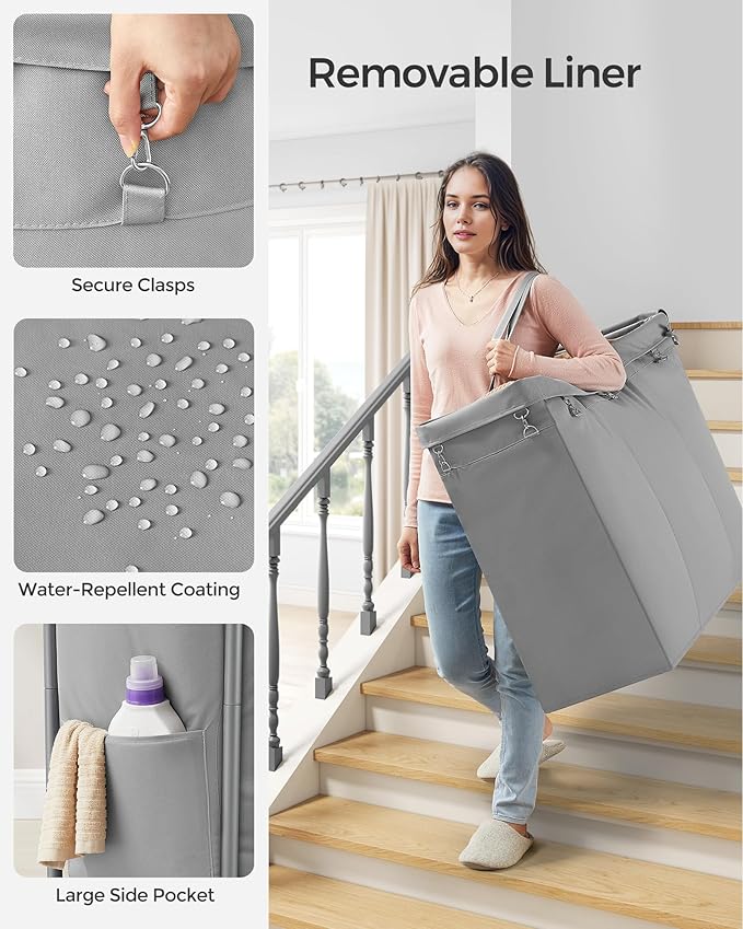 SONGMICS Laundry Basket with Wheels, 3-Section Rolling Laundry Hamper, 52.8 Gallons (200 L), Removable Liner, Steel Frame with Handle, 35.8 x 15.4 x 31.9 Inches, Dove Gray URLS005G01