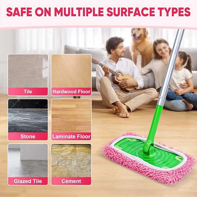 6 Pack Reusable Mop Pads Compatible with Swiffer Sweeper, Chenille Mop Refill Pads, Dry & Wet Mopping Cloths for Floor Cleaning -Pink