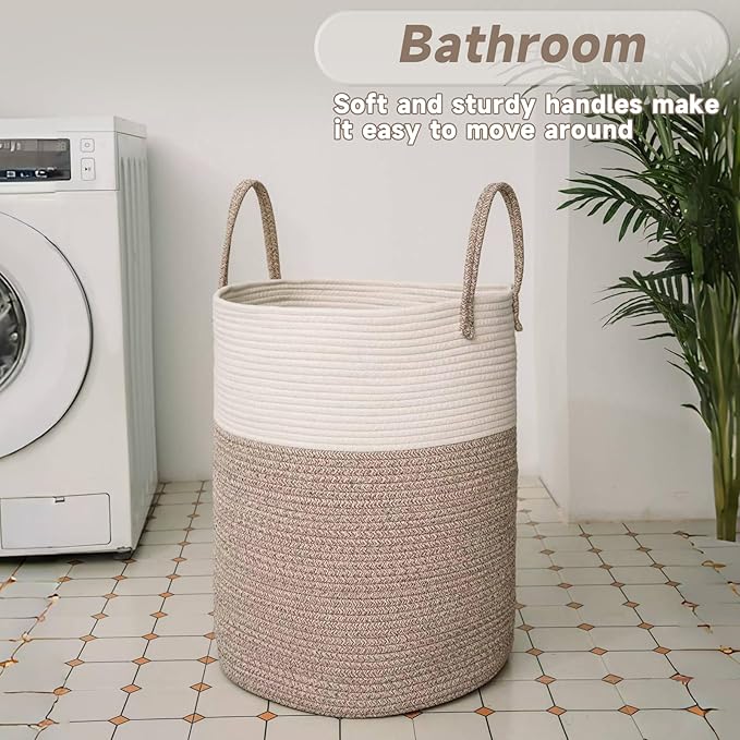 Large Woven Laundry Basket Hamper,60L Cotton Rope Storage Bin for Blankets,Toys and Clothes,Decorative Tall Nursery Hamper for Living Room,Baby Nursery,Bathroom and Bedroom,Brown