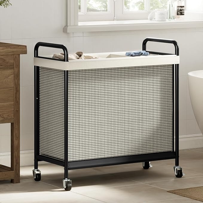 WOWLIVE Laundry Hamper 3 Section, 120L Rolling Laundry Basket with wheels and Removable Liner Bag, Laundry Sorter with Metal Handle, Large Clothes Hamper for Laundry Room, Bathroom and Dorm, Beige