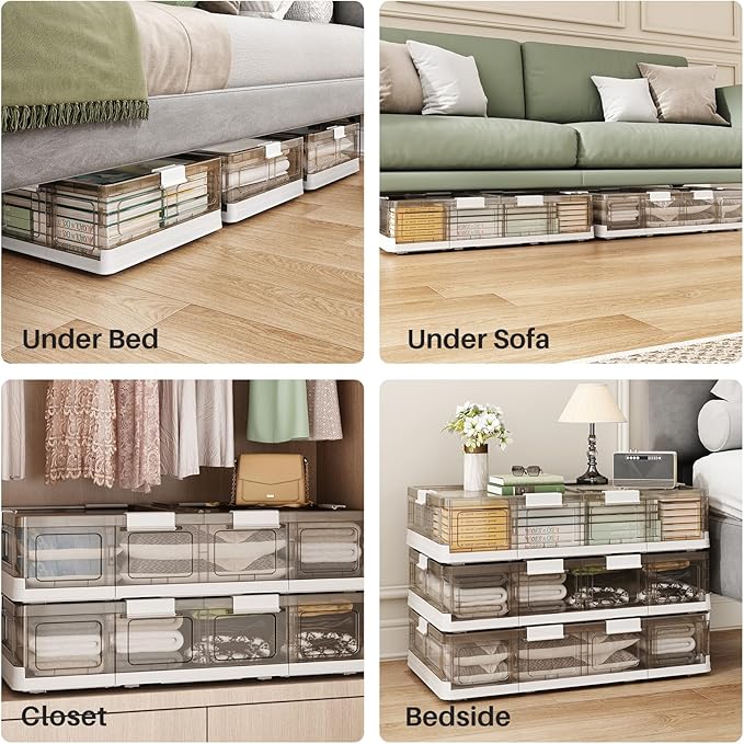 Kitstorack Clear Plastic Under Bed Storage Containers Bins with Lids and 8 Pre-installed Wheels,37.8 Qt, Rolling Foldable Flat Under Bed Organizer Boxes for Clothes Shoes Clothing Bedroom