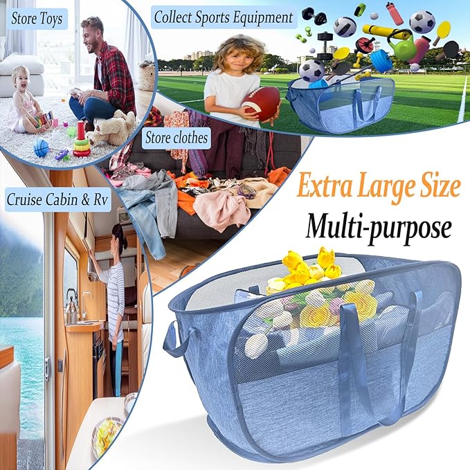 100L Collapsible Laundry Baskets 2 Pack, Extra Large Mesh Pop Up Laundry Hamper, Dirty Clothes Hamper with Reinforced Handles, Folding Hampers for Travel. Dorm or Home Portable Laundry Baskets. Blue