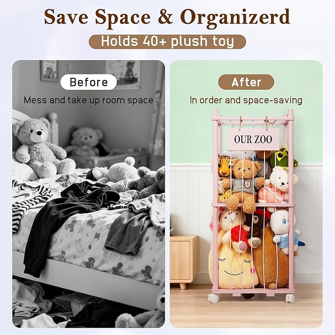 Stuffed Animal Storage Zoo, Wooden Stuffed Animal Organizer with Removable Wheels & 5-Row Elastic Cords, Space-Saving Plush Toy Storage Holder for Playroom, Bedroom, Nursery