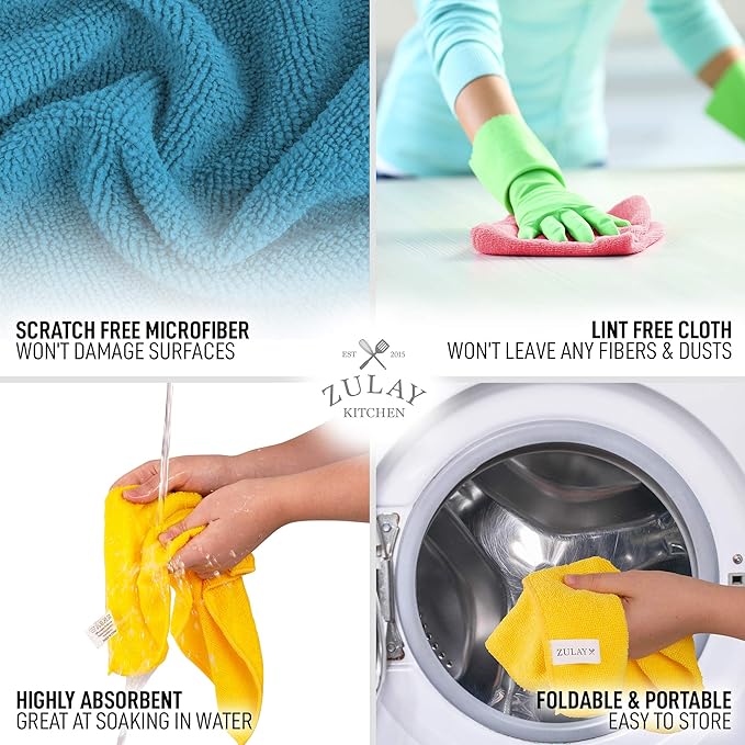 Zulay 12 Pack Microfiber Cleaning Cloths - 12x12 Inch Ultra Absorbent Cleaning Rags for House Washable - Lint Free Microfiber Cloth Kitchen Rags for Cleaning Cars, Windows, Countertops, & More