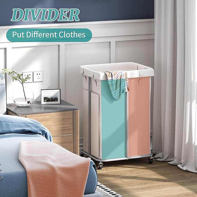 160L Laundry Hamper with Wheels, Rolling Laundry Basket with Metal Frame and Removable Bag, Double Laundry Hamper 2 Section, Large & Tall Dirty Clothes Hampers for Bedroom Aesthetic, Laundry Room