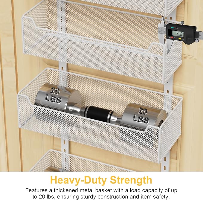 Over the Door Organizer, 8-Tier Pantry Organizer with Fully Enclosed Mesh Baskets, Heavy-Duty Metal Hanging Spice Rack for Kitchen Bathroom Laundry Room, 2-in-1 Wall Mount or Door Mount, White