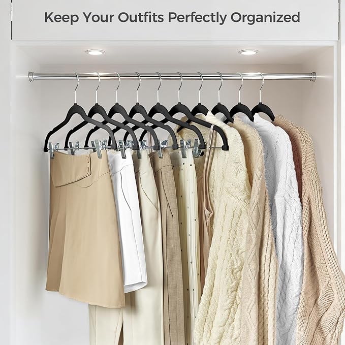 HOUSE DAY Velvet Hangers with Adjustable Clips 20 Pack, Non-Slip Suit Organizer with 360° Hook - Heavy Duty Hanger for Pants, Skirts, Blouses, Dresses - Outfit Hangers All-Season Space Saver (Black)
