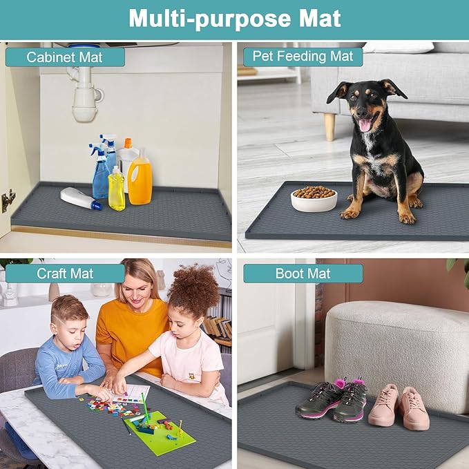 Silicone Under Sink Mat 25 x 19, Waterproof Under The Sink Mat for Kitchen, Under Kitchen Sink Mats and Protectors, Under Bathroom Sink Mat, Cabinet Liner Shelf Liner Gray