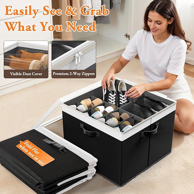 Shoe Organizer for Closet - 2 Packs Hold up to 32 Pairs, Large Shoe Storage Organizer Containers with Adjustable Dividers, Clear Cover, Leather Handles for Heels, Boots, Sneakers (Black)
