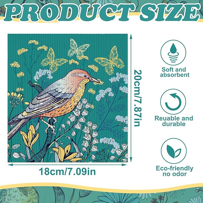 Sunnyray 12 Pcs Swedish Kitchen Dish Towels Dishcloth Reusable Sponge Cleaning Cloth Kitchen Towels Absorbent Washable Dish Cloth Drying Hand Towel (Bright Color,Bird)
