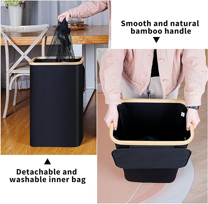 75L Slim Laundry Hamper, Narrow Laundry Basket with Lid,Foldable Clothes Hamper with Bamboo Handles,Hamper Basket with Removable Inner Bag for Laundry Room Bedroom College Dorm,19.8 Gals Black