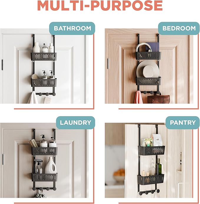 Zenna Home SnugFit Over the Door Caddy Organizer with 2 Storage Baskets and 4 Hooks, Over Door Hanging Organizer for Bathroom, Kitchen, Bedroom, Closet, Easy to Install, No Drilling, Black