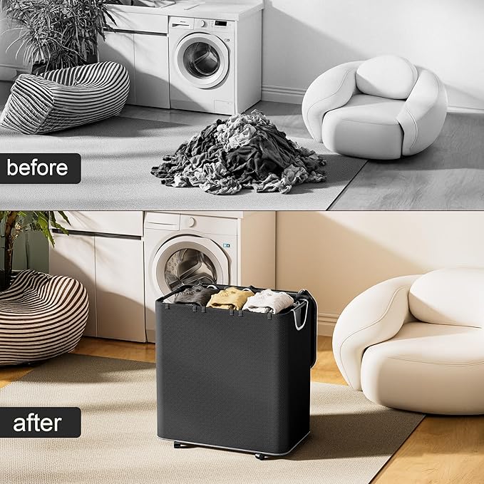 LAMU 160L Laundry Hamper with Wheels, Black Rolling Laundry Basket with Lid and 3 Removable Laundry Bag, Large Capacity 3 Section Dirty Clothes Hampers for Laundry Room, Bedroom, Bathroom, Dorm