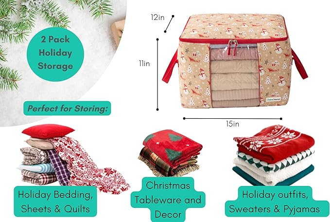 Chaos Cleared Canvas Storage Bags Designer Organizer 2 Pack – Seasonal Storage for Sweaters, Blankets, Linens & Garments – Foldable Design with Zip & Window, Moth-Proof Space Saver, Snowman Print