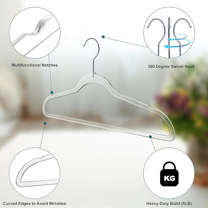Quality Hangers Plastic Hangers for Clothes | 200 Pack - Heavy Duty Space Saving Crystal Clear Acrylic | 360 Degree Swivel Hook and Notches | 17.5 Inch