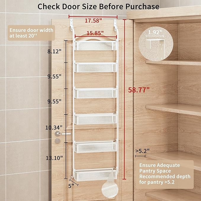 Over the Door Pantry Organizer, 6-Tier Pantry Door Organization and Storage, Over the Door Spice Rack, Home & Kitchen Storage Shelves for Cabinet, White