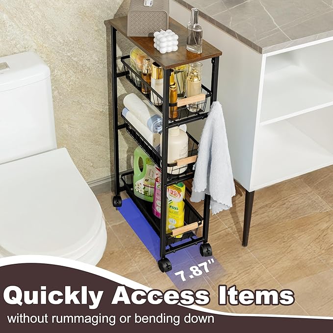 Narrow Rolling Cart with Wheels, 4-Tier Slim Metal Storage Cart with Pull-Out Baskets, 7.87 Inch Width Small Laundry Room Organizer Cart, Space-Saving for Kitchen, Bathroom