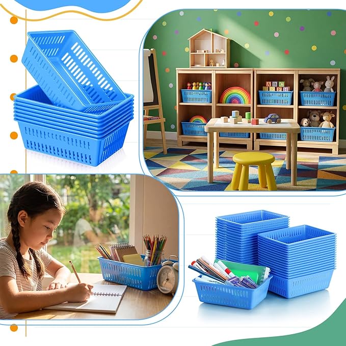 Sherr 36 Pack Classroom Storage Basket Small Plastic Basket for Organizing Crayon Pencil Container Storage Bin Tray Holder for Paper Shelf Back to School Office Supply 6.1" l x 4.3" w x 2.4" h(Blue)