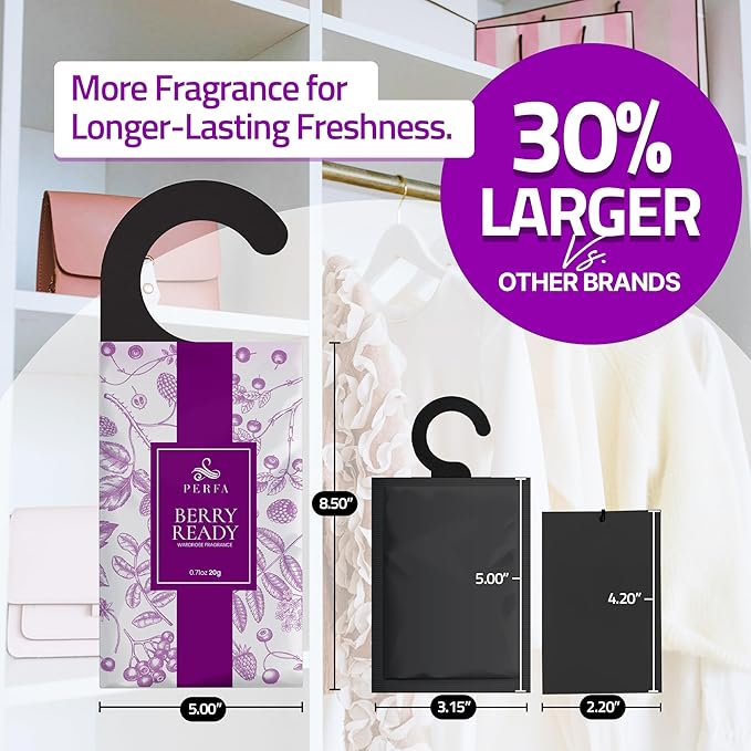 Berry Closet Deodorizer Odor Eliminator | Lasts 4 Months (6 Pack) | Scented Wardrobe and Closet Freshener Odor Eliminator | Eco-Friendly | Drawer Sachets and Small Space Air Freshener by Perfa