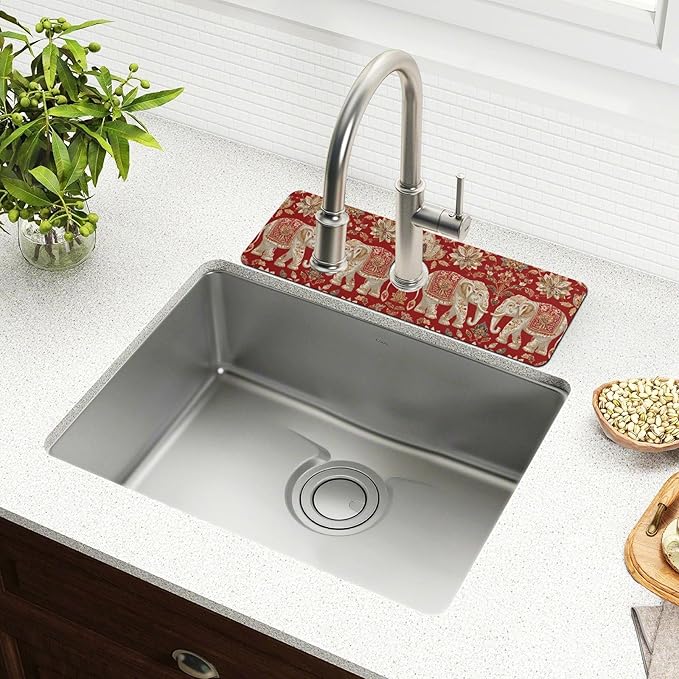 Kitchen Sink Splash Guard 2 PCS 14.7 Inch Sink Faucet Mat Splash Guard for Bathroom Countertop Water Absorbent Foldable Cuttable Soft Washable Red Retro Elephant Flowers