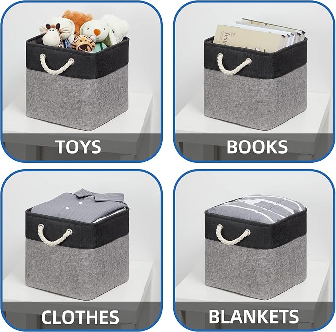 Temary Baskets 4 Pack Fabric Storage Cube Storage Baskets 13x13x13 Storage Cube Bins for Shelves with Handles, Basket for Organizing (Black&Gray)