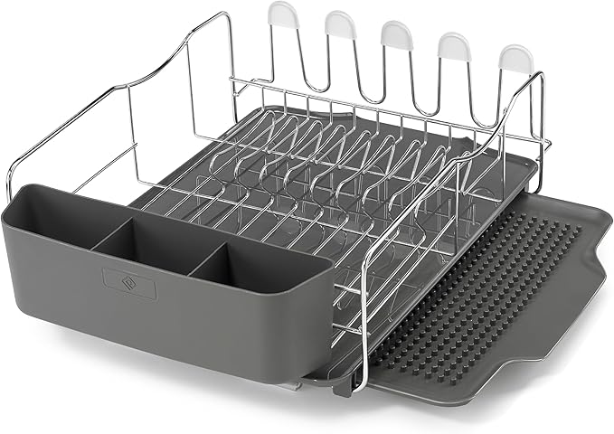 Polder KTH-615 Dish Rack, 4 PC Combo– Advantage System Includes Rack, Drain Tray, Removable Drying Tray & Cutlery Holder – Stainless Steel & Plastic