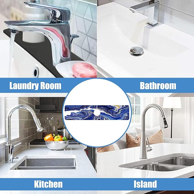 Sink Faucet Absorbing Mat Blue Gold Marble Sink Splash Guard Drying Mat for Kitchen Bathroom Faucet Sinkmat 23.5"X5.5"