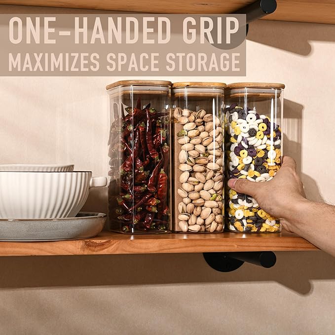 D2scrma 56oz Rectangle Airtight Glass Storage Containers with Bamboo Lids (Set of 3), Square Food Storage Jar, Pantry Organizers for Oats, Cereal, Pasta and Coffee beans (‎with Black Lable)