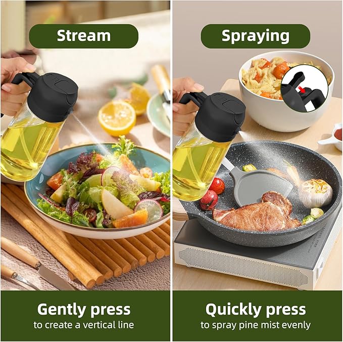 Oil Dispenser for Kitchen, 2 in 1 Olive Oil Sprayer, Olive Oil Dispenser Spray Bottle with Brush, Oil Sprayer for Cooking for Air Fryer, Barbecue, Salad 16oz/470ml (Black)
