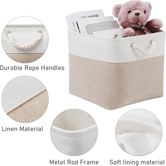 13×15×13 Inch Storage Cubes,6 Pack Cube Storage Bins for Shelves,Fabric Collapsible Storage Bins with Handles, Foldable Storage Basket for Organizing Clothes,Books (White&Beige,13"x15"x13")