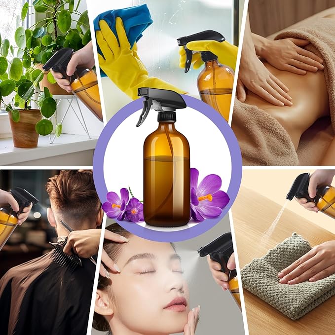 9 Pack Glass Spray Bottle 16oz, Empty Amber Spray Bottle Refillable Container for Essential Oils,Cleaning Products,Aromatherapy spray device