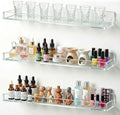 DEDC 3 Pack Shot Glass Display Case for Wall Clear Acrylic Floating Shelves (16.5") for Skincare and Miniatures Secure Kitchen Spice Rack with Side Guard Rails Sleek Wall Holder for Small Bottles