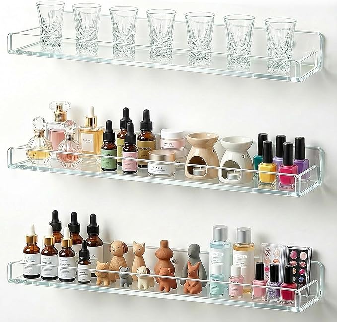 DEDC 3 Pack Shot Glass Display Case for Wall Clear Acrylic Floating Shelves (16.5") for Skincare and Miniatures Secure Kitchen Spice Rack with Side Guard Rails Sleek Wall Holder for Small Bottles