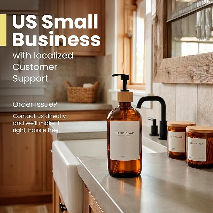 MaisoNovo Glass Hand Soap Dispenser | Dish Soap Dispenser for Kitchen | 16.9oz Amber Bottles with Black Bamboo Pump | Bathroom Lotion Dispenser