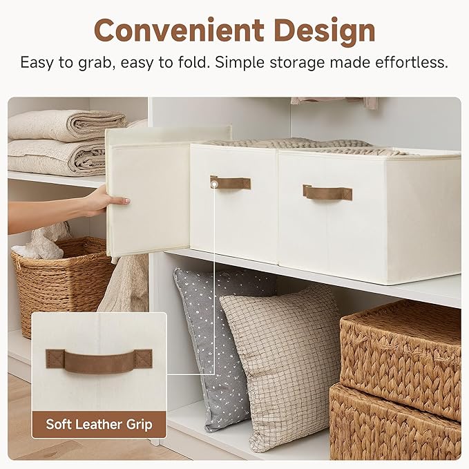 StorageWorks Foldable Storage Bins with PU Handles, Closet Storage Baskets, Fabric Bins for Clothes Storage, Ivory White, 3-Pack, Extra Large