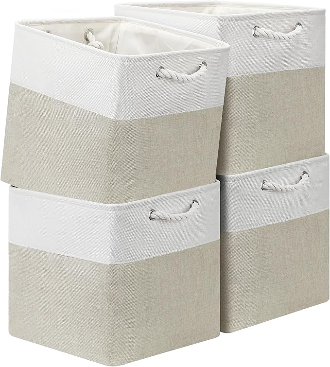 13x13 Storage Cube Bins 4Pack,Collapsible Cube Storage Organizer for Closet, Fabric Storage Box w/ Rope Handles, Foldable Storage Baskets for Shelves, Clothes,Closet Organization - White/Coffee