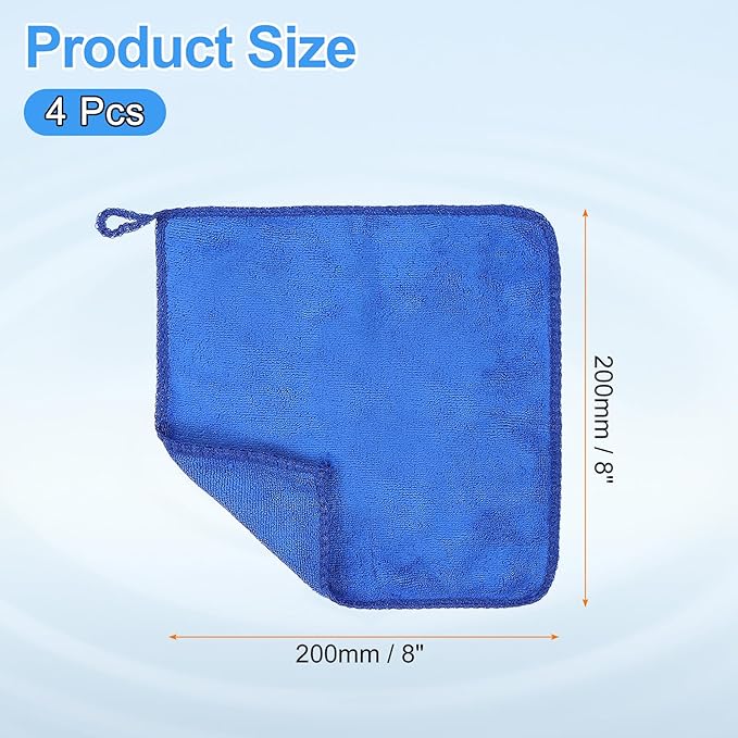 HARFINGTON 4 Pack Microfiber Cleaning Cloth, 8" x 8" Multi-Functional Cleaning Towels Reusable Absorbent Rags with Hook for Car Wash Kitchen Household Window Clean, Sapphire Blue