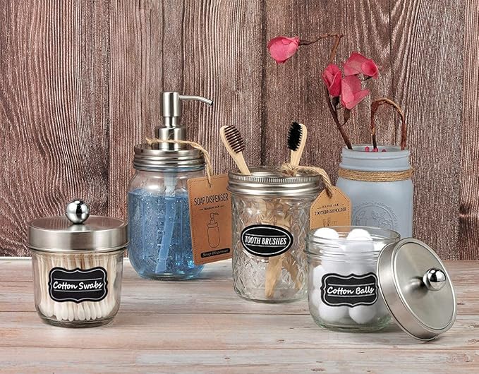 Amolliar Mason Jar Soap Dispensers, Rustproof Stainless Steel Lid &Pump, Refillable Wash Hand Soap for Bathroom,Kitchen-Ideal for Dish Soap,Liquid Soap, Lotions,Waterproof Stickers,16OZ Brushed Nickel